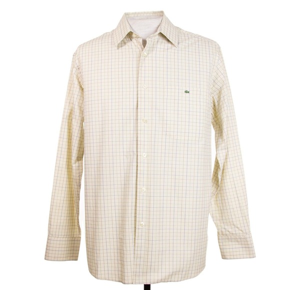 Lacoste Mens 42 Large Off White Cream Check Logo LS Button Front Shirt - Picture 1 of 11